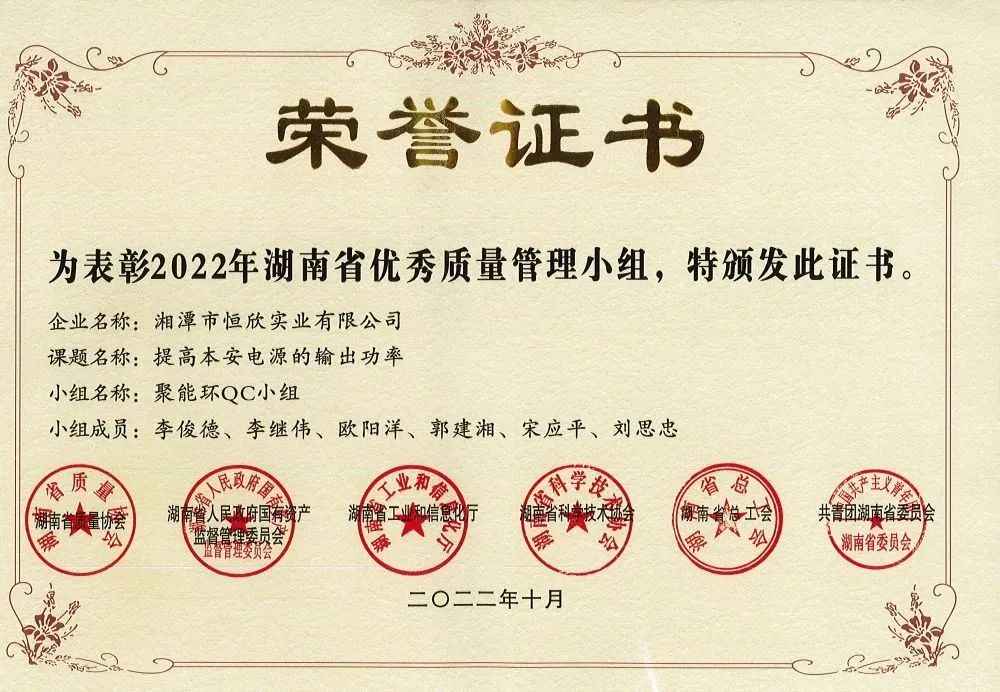 獲評湖南省優(yōu)秀質量管理小組